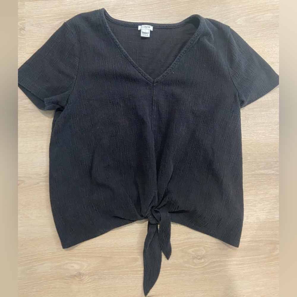 J. Crew Black Short Sleeve Tie-Front Top slight crop